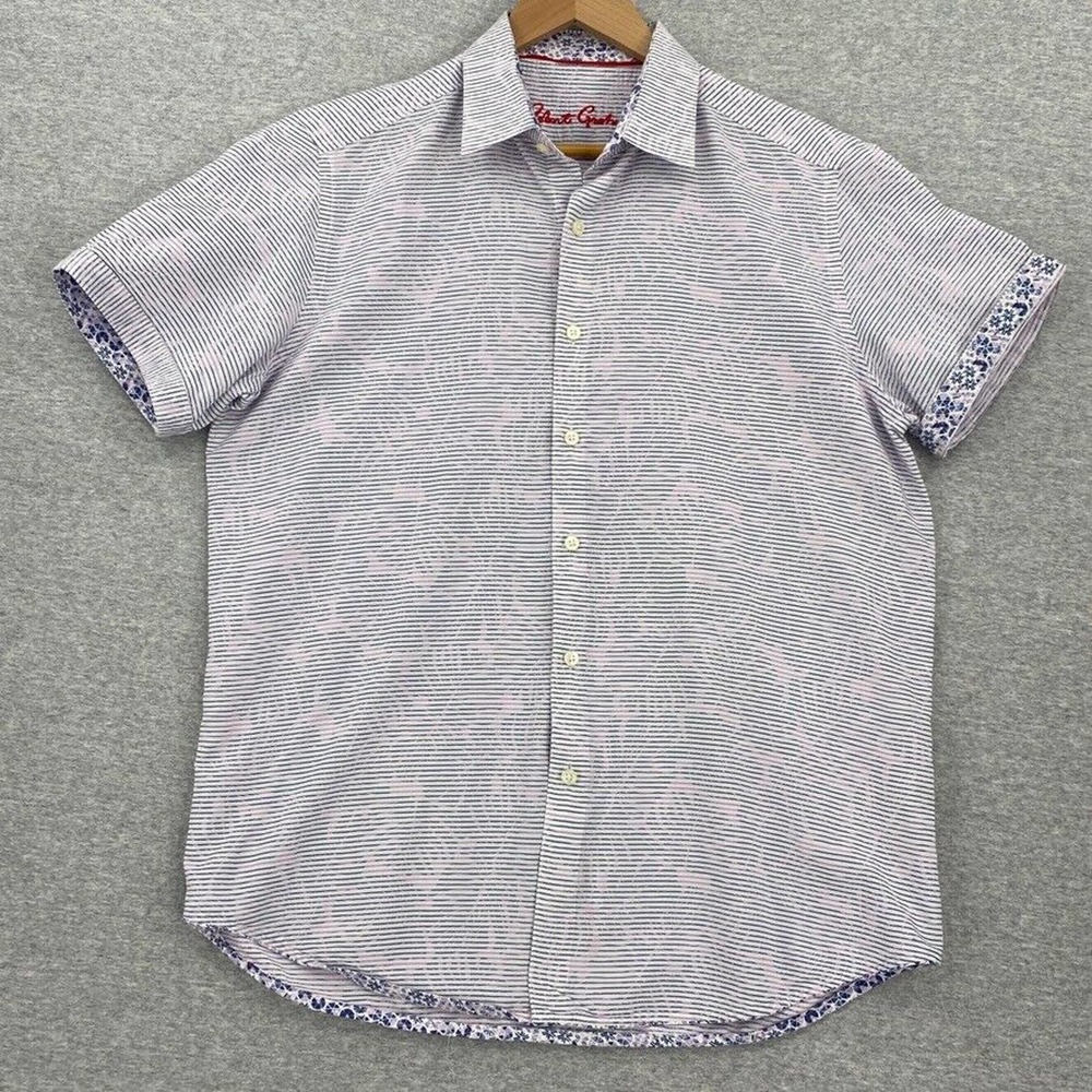 Robert Graham Short Sleeve Button-Down Shirt in White and Blue with Pink Accents
